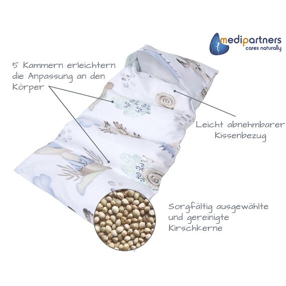 Medi Partners Kirschkernkissen Mikrowelle 60x20cm Körnerkissen groß Wärmekissen 800g 100% Baumwolle 5 kammern abnehmbarer Bezug - Kirschkernkissen nacken schulter Kältetherapie (Hirsch und Igel)