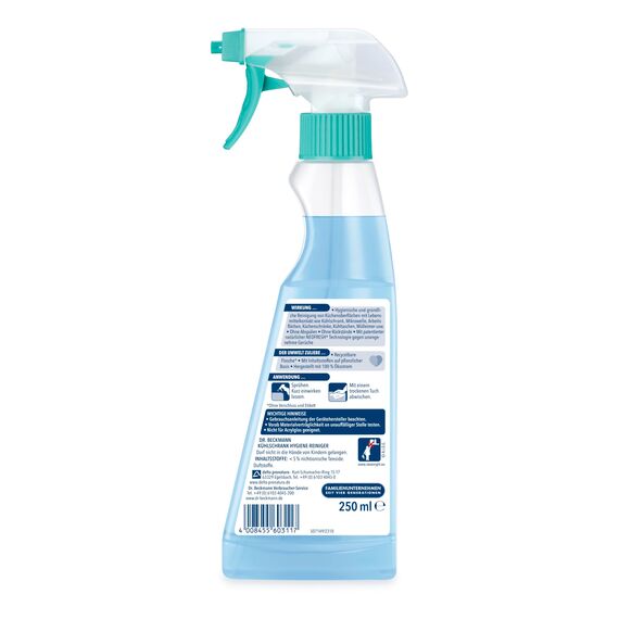 Dr. Beckmann Kühlschrank Hygiene-Reiniger | Reinigt hygienisch und neutralisiert Gerüche | Mit Bio-Alkohol | 250 ml