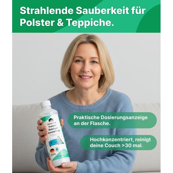 Emma Grün® Teppichreiniger & Polsterreiniger Konzentrat 750ml - Waschsauger Reinigungsmittel für Teppiche, Sofas & Textilien - Reinigungsmittel Nasssauger - Wirksame Polster Reinigung Made in Germany