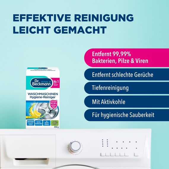 Dr. Beckmann Waschmaschinen Hygiene-Reiniger | Maschinenreiniger mit Aktivkohle | entfernt unangenehme Gerüche | 250 g