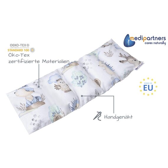 Medi Partners Kirschkernkissen Mikrowelle 60x20cm Körnerkissen groß Wärmekissen 800g 100% Baumwolle 5 kammern abnehmbarer Bezug - Kirschkernkissen nacken schulter Kältetherapie (Hirsch und Igel)