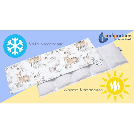 Medi Partners Kirschkernkissen Mikrowelle 60x20cm Körnerkissen groß Wärmekissen 800g 100% Baumwolle 5 kammern abnehmbarer Bezug - Kirschkernkissen nacken schulter Kältetherapie (Hirsch in Blättern)