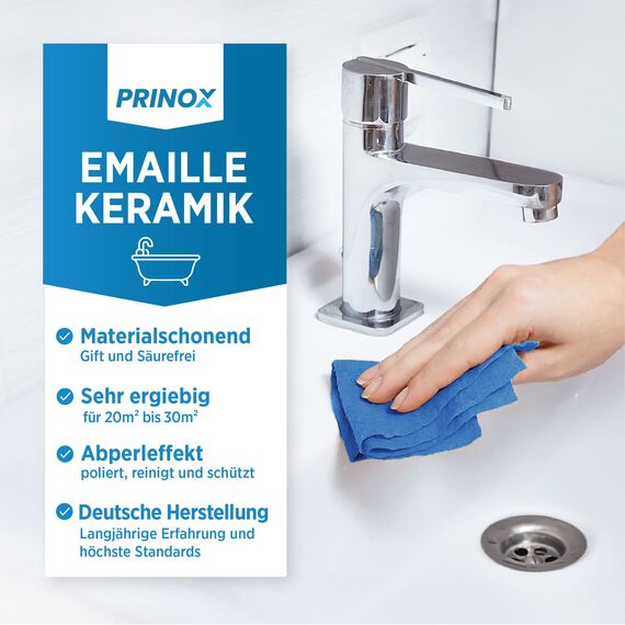 PRINOX 150ml Reinigungs und Polierpaste für Emaille, Keramik, Porzellan, Glaskeramik, Mineralguss - Professionelle Badpflege zu Reinigung und Pflege von Armaturen - Ceranfeld Reiniger
