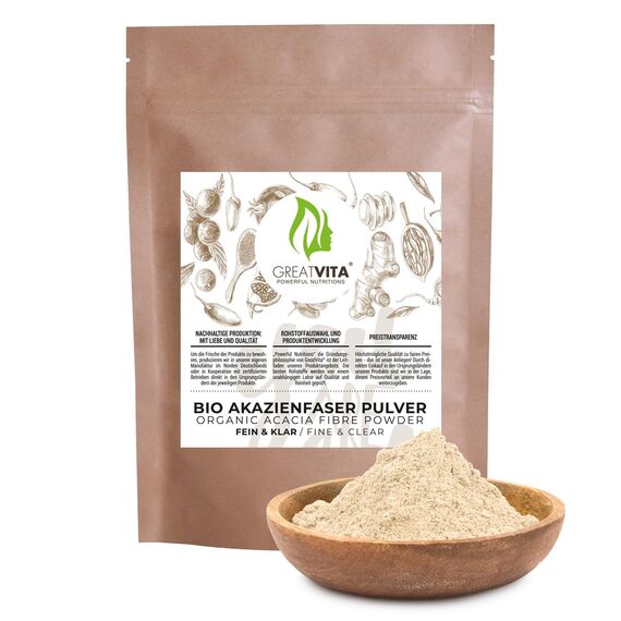 GreatVita Bio Akazienfaser Pulver 250 g – E414 Gummi Arabicum Typ 4918 | 90% Ballaststoffe, löslich & Geschmacksneutral | vegan, glutenfrei, ohne Gentechnik | Made in Germany - DE-ÖKO-037 | GreatVita
