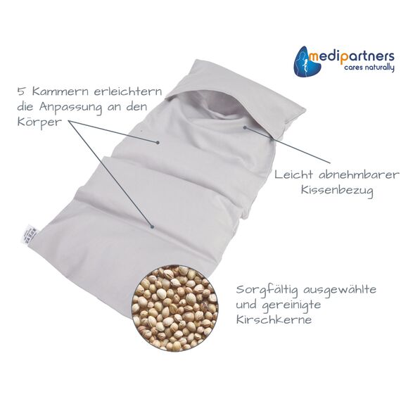 Medi Partners Kirschkernkissen Mikrowelle 60x20cm Körnerkissen groß Wärmekissen 800g 100% Baumwolle 5 kammern abnehmbarer Bezug - Kirschkernkissen nacken schulter Kältetherapie (Grau)