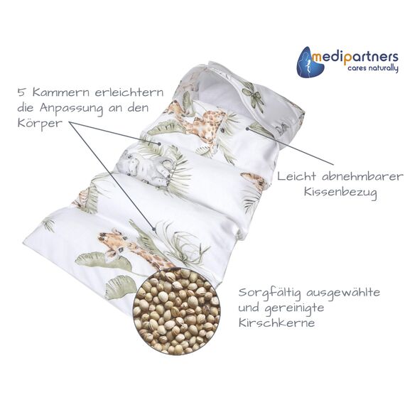 Medi Partners Kirschkernkissen Mikrowelle 60x20cm Körnerkissen groß Wärmekissen 800g 100% Baumwolle 5 kammern abnehmbarer Bezug - Kirschkernkissen nacken schulter Kältetherapie (Safari)