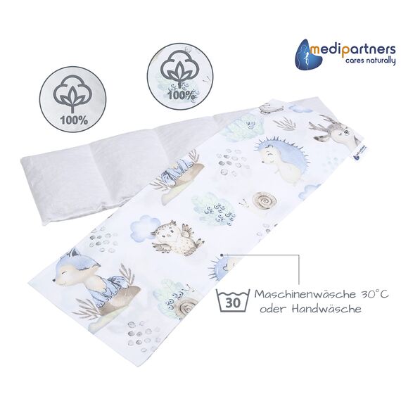 Medi Partners Kirschkernkissen Mikrowelle 60x20cm Körnerkissen groß Wärmekissen 800g 100% Baumwolle 5 kammern abnehmbarer Bezug - Kirschkernkissen nacken schulter Kältetherapie (Hirsch und Igel)
