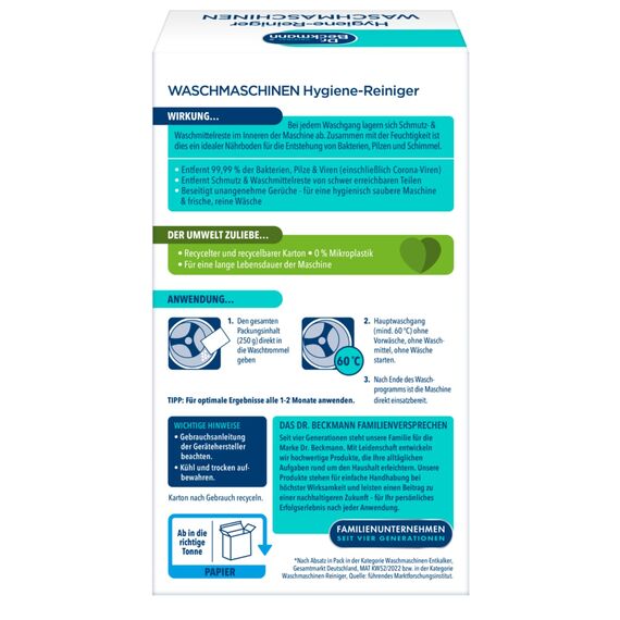 Dr. Beckmann Waschmaschinen Hygiene-Reiniger | Maschinenreiniger mit Aktivkohle | entfernt unangenehme Gerüche | 250 g