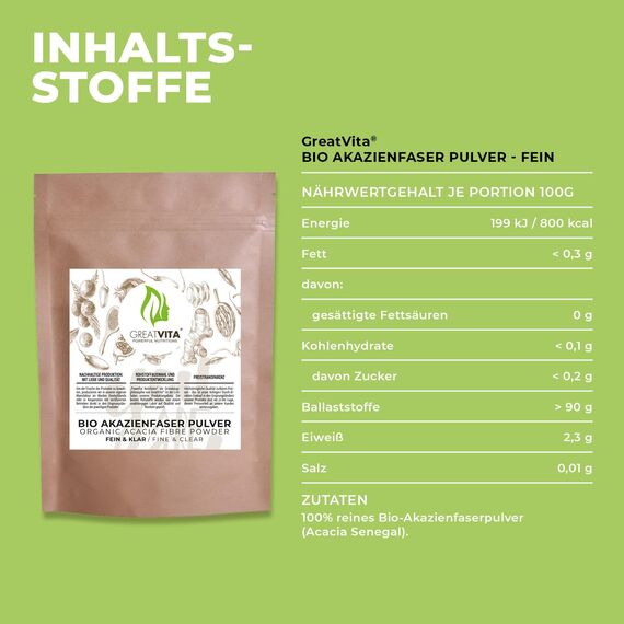 GreatVita Bio Akazienfaser Pulver 800 g – E414 Gummi Arabicum Typ 4918 | 90% Ballaststoffe, löslich & Geschmacksneutral | vegan, glutenfrei, ohne Gentechnik | Made in Germany - DE-ÖKO-037 | GreatVita