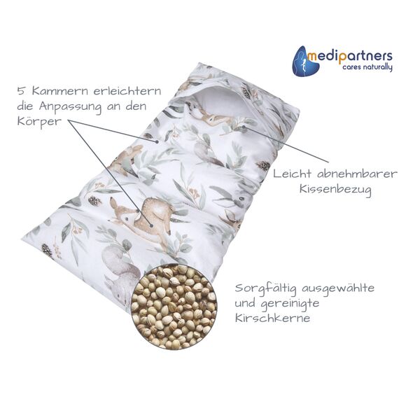 Medi Partners Kirschkernkissen Mikrowelle 60x20cm Körnerkissen groß Wärmekissen 800g 100% Baumwolle 5 kammern abnehmbarer Bezug - Kirschkernkissen nacken schulter Kältetherapie (Hirsch in Blättern)