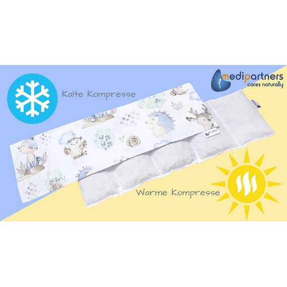 Medi Partners Kirschkernkissen Mikrowelle 60x20cm Körnerkissen groß Wärmekissen 800g 100% Baumwolle 5 kammern abnehmbarer Bezug - Kirschkernkissen nacken schulter Kältetherapie (Hirsch und Igel)