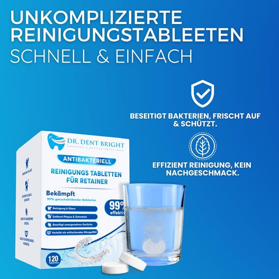 Retainer Reinigungstabletten – 120 Stück für saubere und frische Retainer, Zahnschienen, Gebiss, Zahnersatz – Effektiver Reiniger in Tab-Form für Zahnspangen, Aufbissschienen, Prothesen und Mundschutz