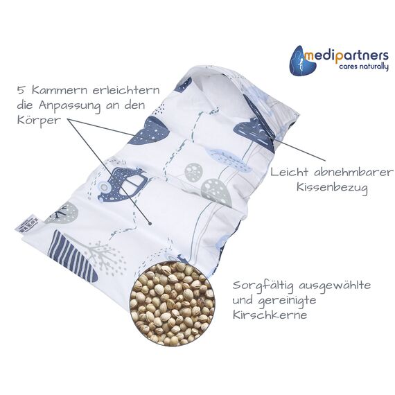 Medi Partners Kirschkernkissen Mikrowelle 60x20cm Körnerkissen groß Wärmekissen 800g 100% Baumwolle 5 kammern abnehmbarer Bezug - Kirschkernkissen nacken schulter Kältetherapie (Retro Cars)