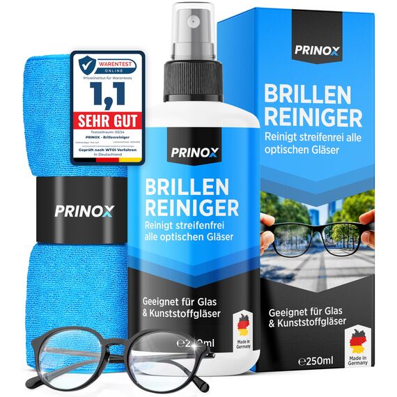 PRINOX Brillenreiniger Set 250ml mit Mikrofaser Brillenputztuch - Brillen Reiniger mit Mikrofaser Tuch für alle Brillen gegen Fettflecken und Fingerabdrücke auf der Brille
