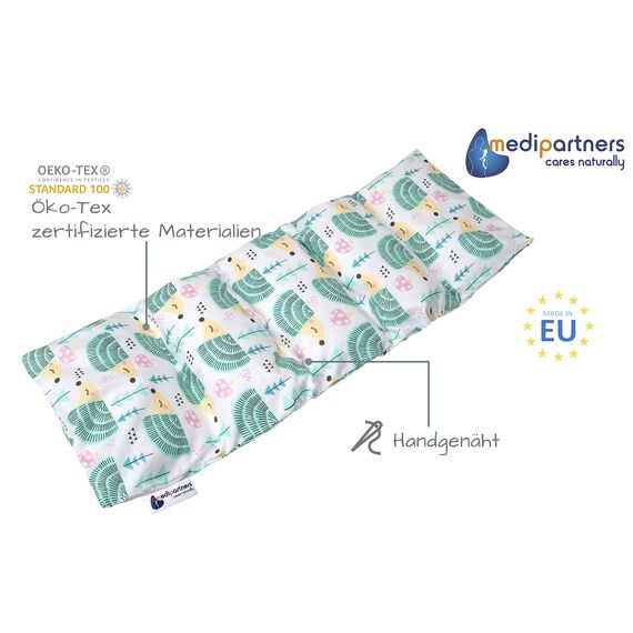 Medi Partners Kirschkernkissen Mikrowelle 60x20cm Körnerkissen groß Wärmekissen 800g 100% Baumwolle 5 kammern abnehmbarer Bezug - Kirschkernkissen nacken schulter Kältetherapie (Minze Igel)