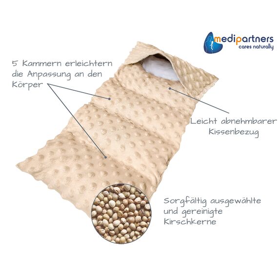 Medi Partners Kirschkernkissen Mikrowelle 60x20cm Körnerkissen groß Wärmekissen 800g 5 kammern abnehmbarer Bezug - Kirschkernkissen nacken schulter Kältetherapie (Beige Minky)