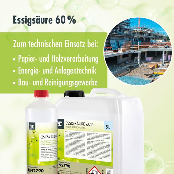 Höfer Chemie 1 L Essigsäure 60% - optimaler Reiniger und Entkalker - Premium Qualität Made in Germany