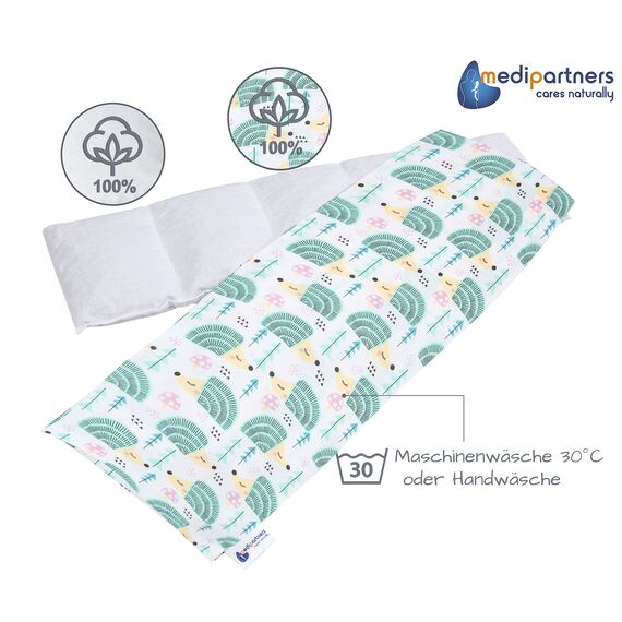 Medi Partners Kirschkernkissen Mikrowelle 60x20cm Körnerkissen groß Wärmekissen 800g 100% Baumwolle 5 kammern abnehmbarer Bezug - Kirschkernkissen nacken schulter Kältetherapie (Minze Igel)