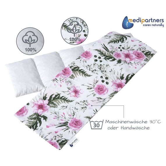 Medi Partners Kirschkernkissen Mikrowelle 60x20cm Körnerkissen groß Wärmekissen 800g 100% Baumwolle 5 kammern abnehmbarer Bezug - Kirschkernkissen nacken schulter Kältetherapie (Rosa Blumen)