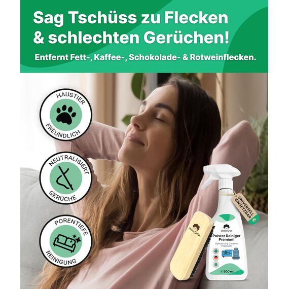 Emma Grün® Polsterreiniger für Sofa, Couch & Autositze 2x500ml [inkl. Polsterbürste] - Nachhaltig & Anti Geruch - Couch & Sofa Reiniger - Auto Innenraum Reiniger - Polsterreinigung Autositze, Sofa