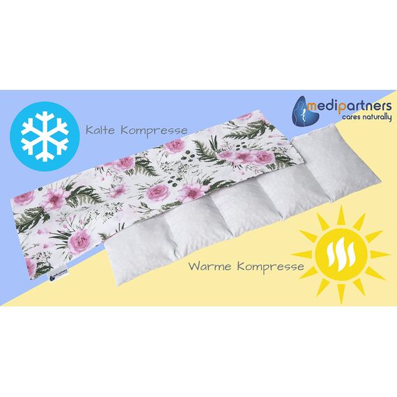 Medi Partners Kirschkernkissen Mikrowelle 60x20cm Körnerkissen groß Wärmekissen 800g 100% Baumwolle 5 kammern abnehmbarer Bezug - Kirschkernkissen nacken schulter Kältetherapie (Rosa Blumen)