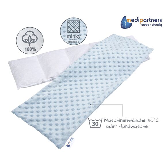 Medi Partners Kirschkernkissen Mikrowelle 60x20cm Körnerkissen groß Wärmekissen 800g 5 kammern abnehmbarer Bezug - Kirschkernkissen nacken schulter Kältetherapie (Hellblau Minky)