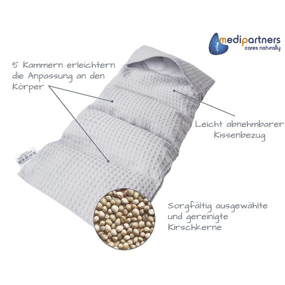 Medi Partners Kirschkernkissen Mikrowelle 60x20cm Körnerkissen groß Wärmekissen 800g 100% Baumwolle 5 kammern abnehmbarer Bezug - Kirschkernkissen nacken schulter Kältetherapie (Grau)
