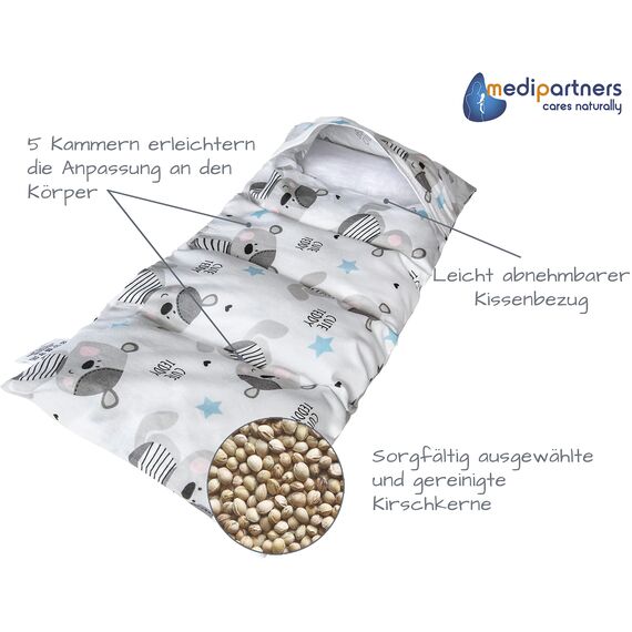 Medi Partners Kirschkernkissen Mikrowelle 60x20cm Körnerkissen groß Wärmekissen 800g 100% Baumwolle 5 kammern abnehmbarer Bezug - Kirschkernkissen nacken schulter Kältetherapie (Teddy)