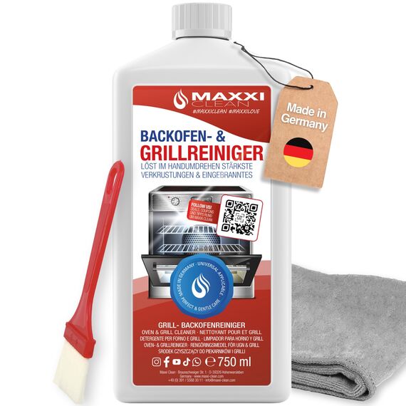 MAXXI CLEAN | Backofen & Grillreiniger - das Original | 1x 750 ml Gel, 1x Pinsel und 1x Microfasertuch | selbstarbeitender Reiniger und Fettlöser | für Herdplatte & Grill | löst Verkrustungen