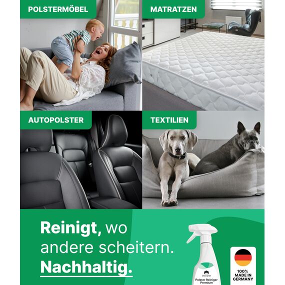 Emma Grün® Polsterreiniger für Sofa, Couch & Autositze 500ml [inkl. Polsterbürste] - Nachhaltig & Anti Geruch - Auto Innenraum Reiniger - Polsterreinigung aus Deutschland