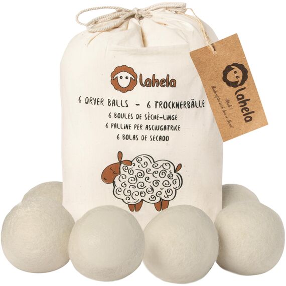 LAHELA® ESSENTIALS - Trocknerbälle 6er Set [HOHE FILZDICHTE]. Nachhaltiges Produkt. Trocknerbälle für Wäschetrockner. Trocknerkugeln (weiß)