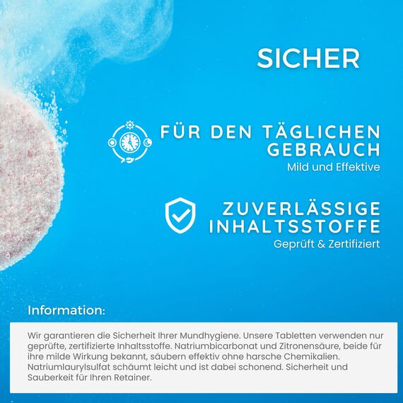 Retainer Reinigungstabletten – 120 Stück für saubere und frische Retainer, Zahnschienen, Gebiss, Zahnersatz – Effektiver Reiniger in Tab-Form für Zahnspangen, Aufbissschienen, Prothesen und Mundschutz
