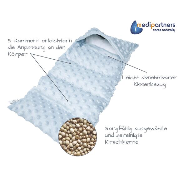 Medi Partners Kirschkernkissen Mikrowelle 60x20cm Körnerkissen groß Wärmekissen 800g 5 kammern abnehmbarer Bezug - Kirschkernkissen nacken schulter Kältetherapie (Hellblau Minky)