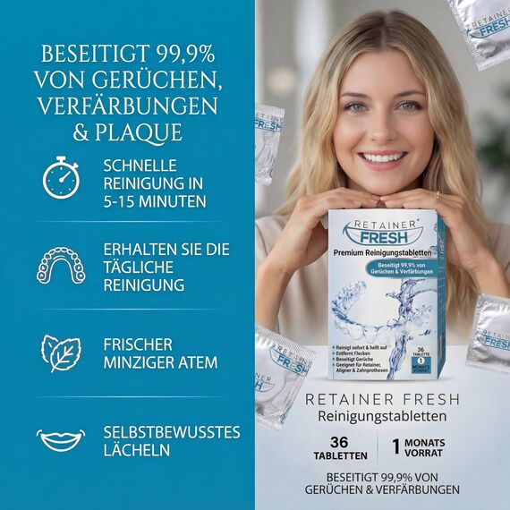 Retainer Reinigungstabletten – 36 Tabletten Retainer frisch, halten Sie Ihre Retainer und fleckenfrei – Retainer Reiniger Tablette, Mundschutz, gebissreiniger tabs, zahnschiene