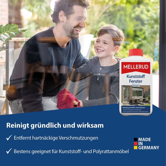 MELLERUD Kunststoff Fenster Reiniger | 1 x 1 l | Reiniger gegen hartnäckige Verschmutzungen an Fensterrahmen, Rollläden, Jalousien, Kunststoff- und Polyrattanmöbel