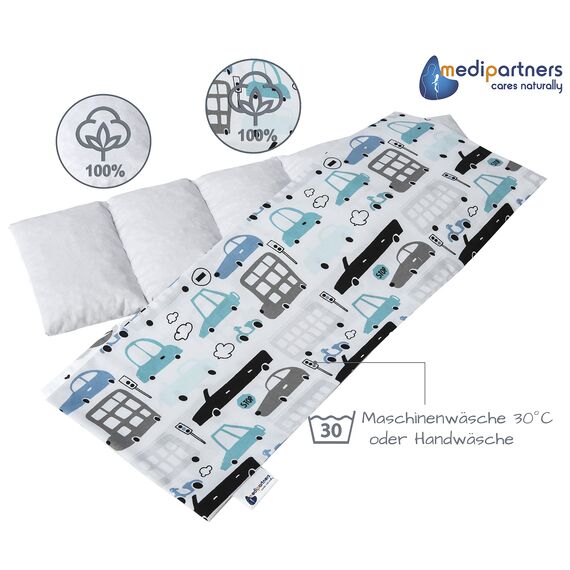 Medi Partners Kirschkernkissen Mikrowelle 60x20cm Körnerkissen groß Wärmekissen 800g 100% Baumwolle 5 kammern abnehmbarer Bezug - Kirschkernkissen nacken schulter Kältetherapie (Cars)