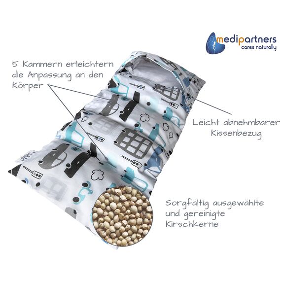 Medi Partners Kirschkernkissen Mikrowelle 60x20cm Körnerkissen groß Wärmekissen 800g 100% Baumwolle 5 kammern abnehmbarer Bezug - Kirschkernkissen nacken schulter Kältetherapie (Cars)