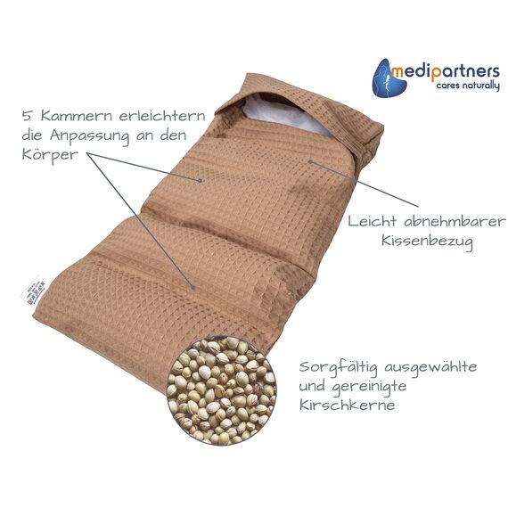 Medi Partners Kirschkernkissen Mikrowelle 60x20cm Körnerkissen groß Wärmekissen 800g 100% Baumwolle 5 kammern abnehmbarer Bezug - Kirschkernkissen nacken schulter Kältetherapie (Beige)