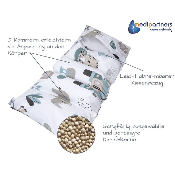 Medi Partners Kirschkernkissen Mikrowelle 60x20cm Körnerkissen groß Wärmekissen 800g 100% Baumwolle 5 kammern abnehmbarer Bezug - Kirschkernkissen nacken schulter Kältetherapie (Mint Zoo)