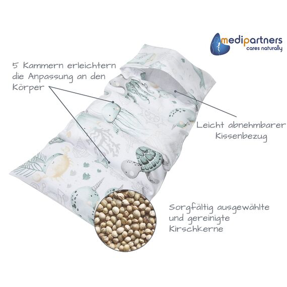 Medi Partners Kirschkernkissen Mikrowelle 60x20cm Körnerkissen groß Wärmekissen 800g 100% Baumwolle 5 kammern abnehmbarer Bezug - Kirschkernkissen nacken schulter Kältetherapie (Ozean)