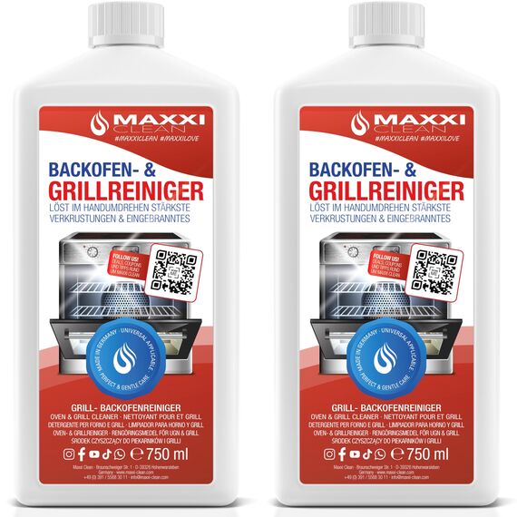 Maxxi Clean | Backofen- Grillreiniger extra stark | 2x 750 ml Gel Paste | selbstarbeitender Reiniger und Fettlöser | für, Herdplatte & Grill | löst Verkrustungen ohne Aufheizen & Gerüche
