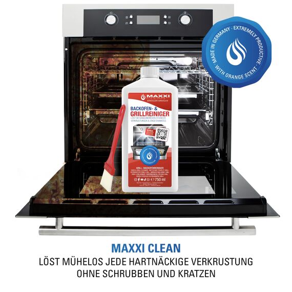 MAXXI CLEAN | Backofen & Grillreiniger - das Original | 1x 750 ml + 1x Pinsel | extra stark & selbstarbeitender Fettlöser | löst Verkrustungen auf Herdplatte, Ofen & Grill