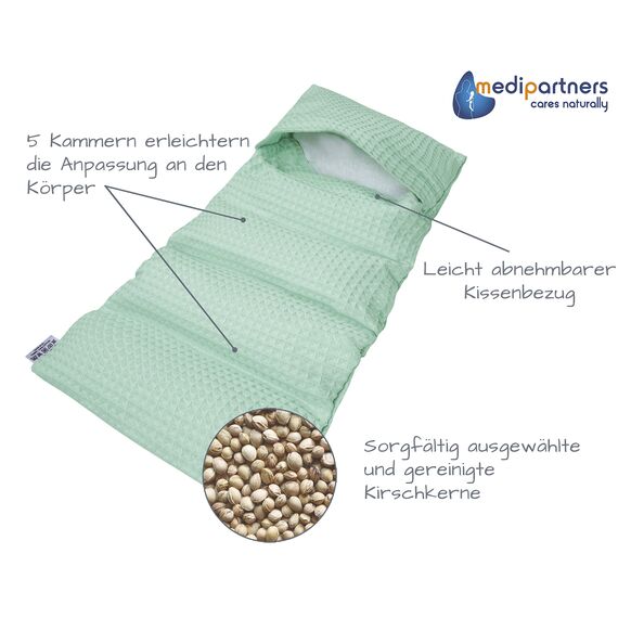 Medi Partners Kirschkernkissen Mikrowelle 60x20cm Körnerkissen groß Wärmekissen 800g 100% Baumwolle 5 kammern abnehmbarer Bezug - Kirschkernkissen nacken schulter Kältetherapie (Minze)
