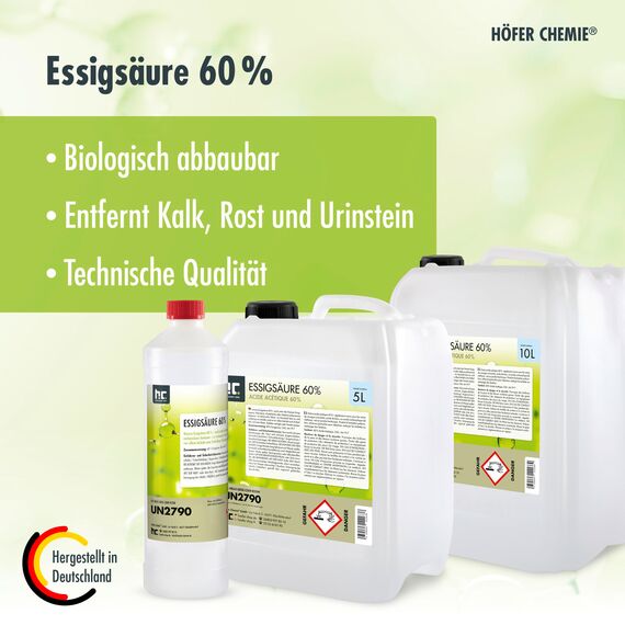 Höfer Chemie 6x 1 L Essigsäure 60% - optimaler Reiniger und Entkalker - Premium Qualität Made in Germany
