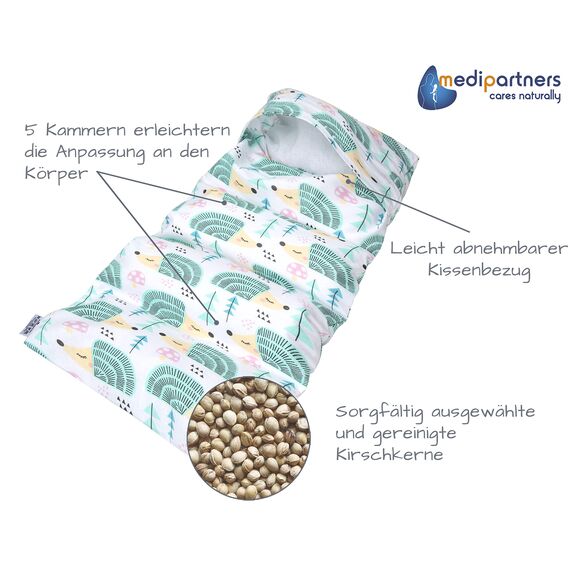 Medi Partners Kirschkernkissen Mikrowelle 60x20cm Körnerkissen groß Wärmekissen 800g 100% Baumwolle 5 kammern abnehmbarer Bezug - Kirschkernkissen nacken schulter Kältetherapie (Minze Igel)