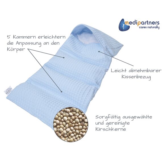Medi Partners Kirschkernkissen Mikrowelle 60x20cm Körnerkissen groß Wärmekissen 800g 100% Baumwolle 5 kammern abnehmbarer Bezug - Kirschkernkissen nacken schulter Kältetherapie (Hellblau)