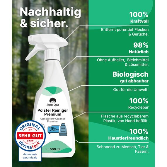 Emma Grün® Polsterreiniger für Sofa, Couch & Autositze 2x500ml [inkl. Polsterbürste] - Nachhaltig & Anti Geruch - Couch & Sofa Reiniger - Auto Innenraum Reiniger - Polsterreinigung Autositze, Sofa