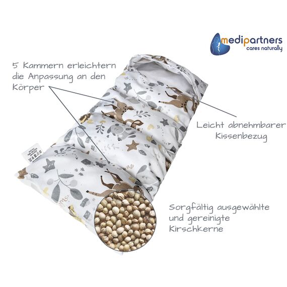 Medi Partners Kirschkernkissen Mikrowelle 60x20cm Körnerkissen groß Wärmekissen 800g 100% Baumwolle 5 kammern abnehmbarer Bezug - Kirschkernkissen nacken schulter Kältetherapie (Reh)