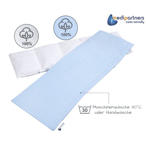 Medi Partners Kirschkernkissen Mikrowelle 60x20cm Körnerkissen groß Wärmekissen 800g 100% Baumwolle 5 kammern abnehmbarer Bezug - Kirschkernkissen nacken schulter Kältetherapie (Hellblau)