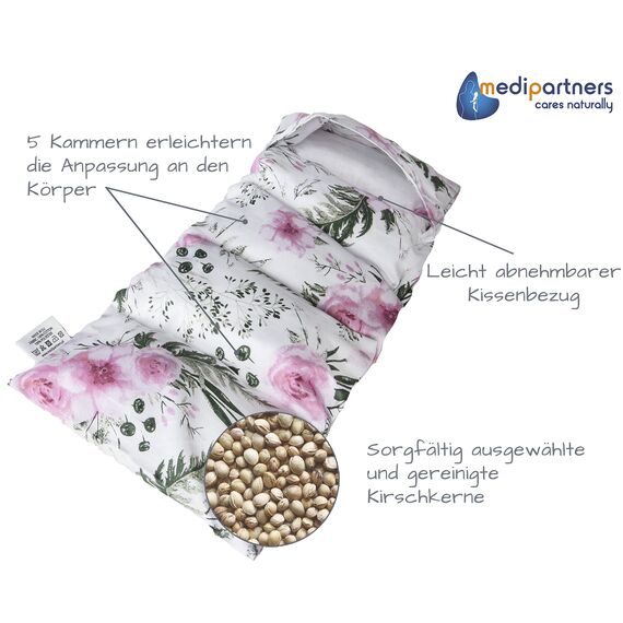Medi Partners Kirschkernkissen Mikrowelle 60x20cm Körnerkissen groß Wärmekissen 800g 100% Baumwolle 5 kammern abnehmbarer Bezug - Kirschkernkissen nacken schulter Kältetherapie (Rosa Blumen)